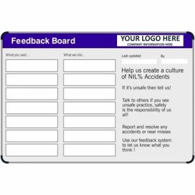 Custom workplace feedback board with dry wipe sections for comments and actions