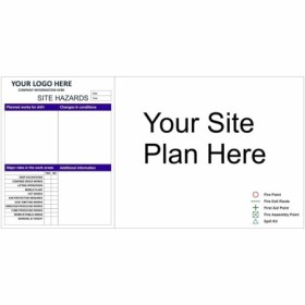Site safety board with hazards section and large site plan display area