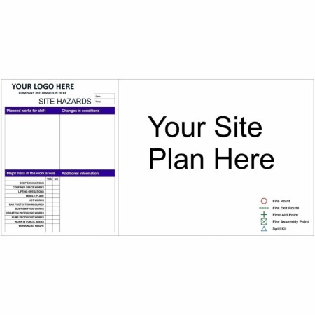Site safety board with hazards section and large site plan display area