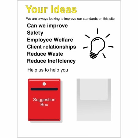 Your ideas board sign with suggestion box and improvement prompts