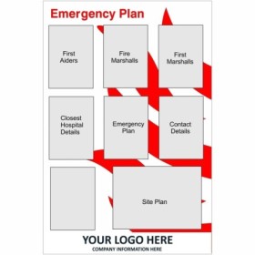 Emergency plan board sign with sections for first aiders fire marshals and site details