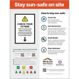 Stay sun safe on site safety sign with UV risk and protection guidance