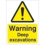 Warning deep excavations safety sign with hazard symbol