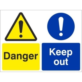 Danger keep out sign with hazard warning and restricted access symbols