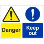 Danger keep out sign with hazard warning and restricted access symbols