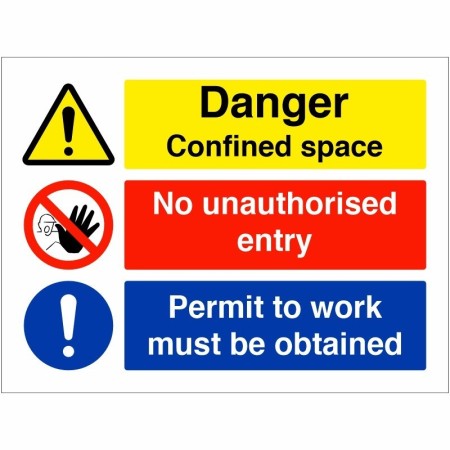 Danger confined space no unauthorised entry permit to work must be obtained sign