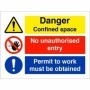 Danger confined space no unauthorised entry permit to work must be obtained sign