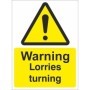 Warning Lorries Turning safety sign with hazard symbol and text