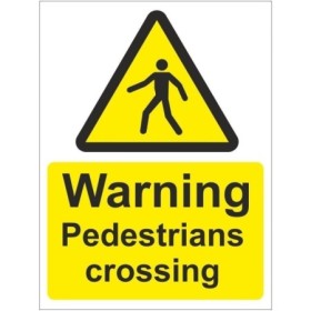 Warning Pedestrians Crossing safety sign with pedestrian symbol on yellow warning background