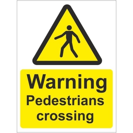 Warning Pedestrians Crossing safety sign with pedestrian symbol on yellow warning background