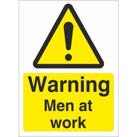 Warning Men At Work safety sign with yellow background and black text
