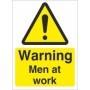 Warning Men At Work safety sign with yellow background and black text