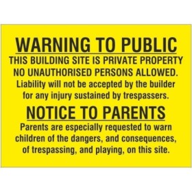 Warning to public private property no unauthorised persons safety sign