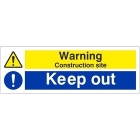 Warning construction site keep out safety sign with hazard and mandatory symbols