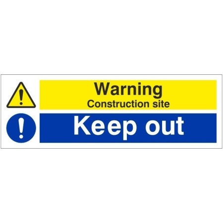 Warning construction site keep out safety sign with hazard and mandatory symbols