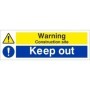 Warning construction site keep out safety sign with hazard and mandatory symbols
