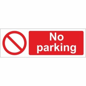 No parking sign with red prohibition symbol and bold white text