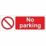 No parking sign with red prohibition symbol and bold white text