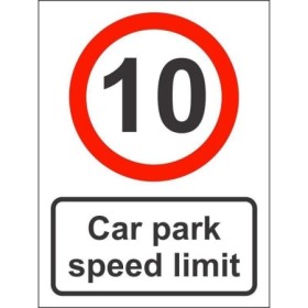 Car park speed limit sign displaying 10mph restriction