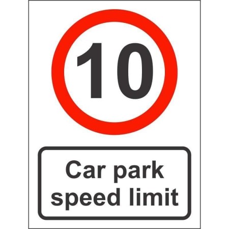 Car park speed limit sign displaying 10mph restriction