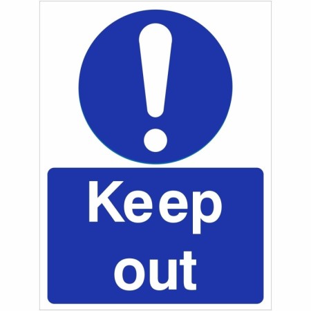 Keep Out mandatory safety sign with blue background and white text