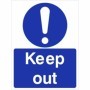 Keep Out mandatory safety sign with blue background and white text