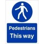 Pedestrians This Way mandatory safety sign with pedestrian symbol and blue background