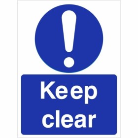 Keep Clear mandatory safety sign with blue background and white text