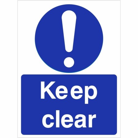 Keep Clear mandatory safety sign with blue background and white text
