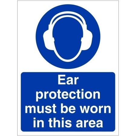 Ear protection must be worn in this area BS 5499 compliant PPE safety sign