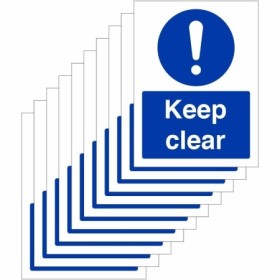 Keep Clear mandatory safety signs pack of 10 with blue background and white text