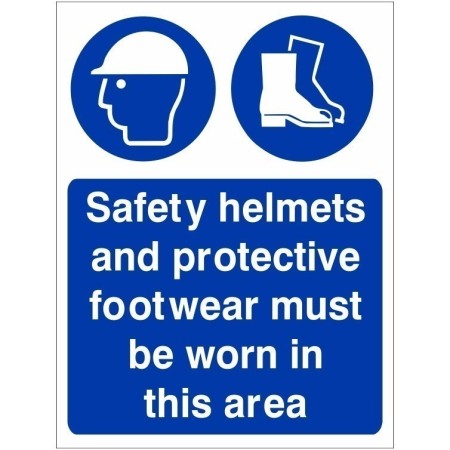 Safety helmets and protective footwear must be worn in this area mandatory PPE safety sign
