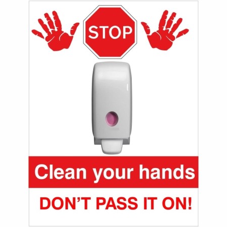 Clean your hands don't pass it on hygiene sign with hand sanitiser graphic