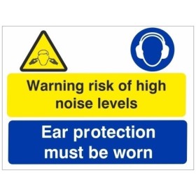 Warning risk of high noise levels sign with ear protection must be worn message