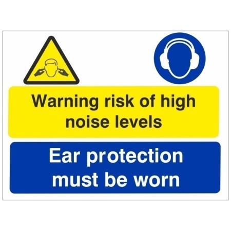 Warning risk of high noise levels sign with ear protection must be worn message