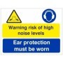 Warning risk of high noise levels sign with ear protection must be worn message