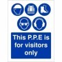 This PPE is for visitors only sign with safety symbols including helmet vest boots eyewear and ear protection