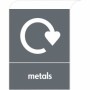 Metals recycling sign with white symbol and text on grey background