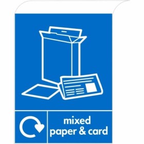 Mixed paper and card recycling sign with blue background and recycling symbol