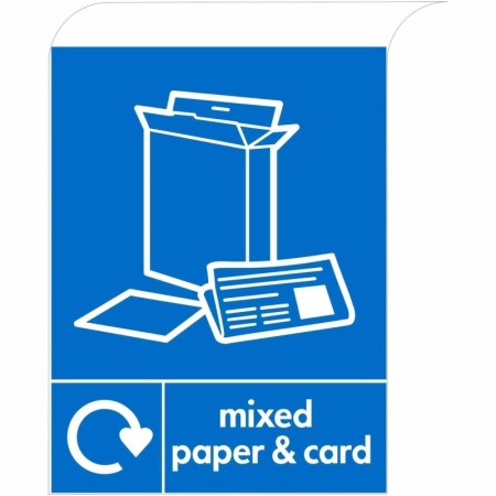 Mixed paper and card recycling sign with blue background and recycling symbol