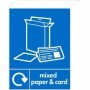 Mixed paper and card recycling sign with blue background and recycling symbol