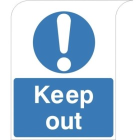 Keep Out safety sign with exclamation symbol and blue background