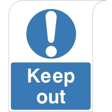 Keep Out safety sign with exclamation symbol and blue background