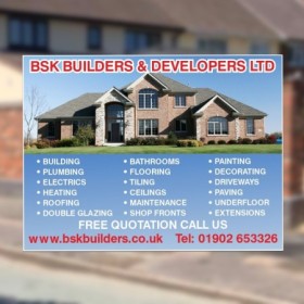 Builders and trades site advertising board showing services and contact details
