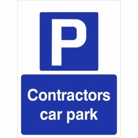 Contractors car park sign with white P symbol on blue background