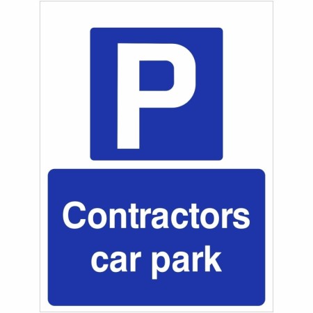 Contractors car park sign with white P symbol on blue background