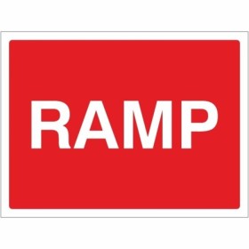 Ramp road warning sign with white text on red background