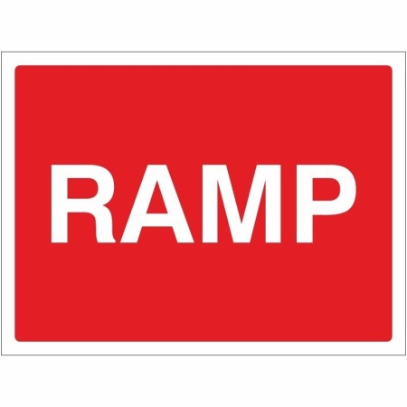 Ramp road warning sign with white text on red background