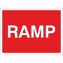 Ramp road warning sign with white text on red background