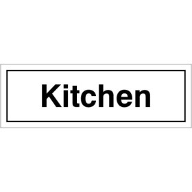 Kitchen door sign with bold black text on white background